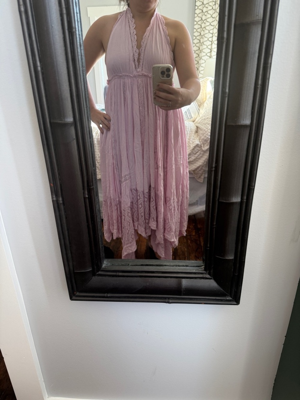 Free People Pale Pink Halter Lace-Trim Asymmetrical Midi Dress